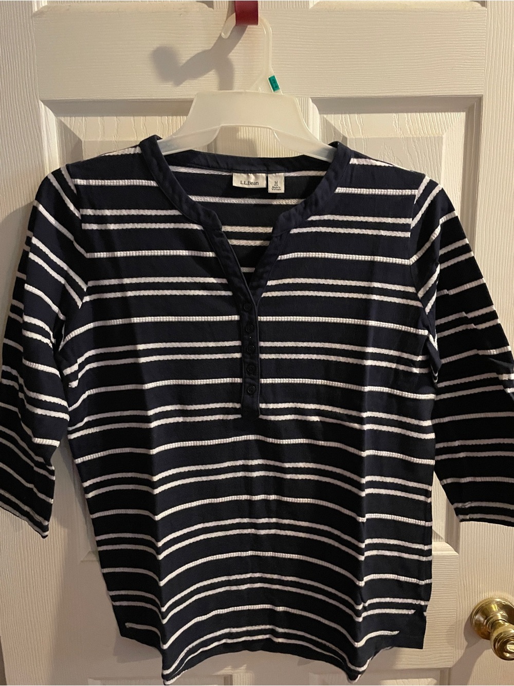 L.L. Bean Navy and White Striped Henley Top